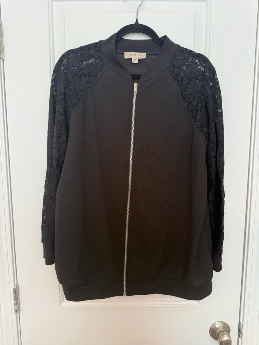 Misia Black Lace-Sleeve Zip-Up Bomber Jacket